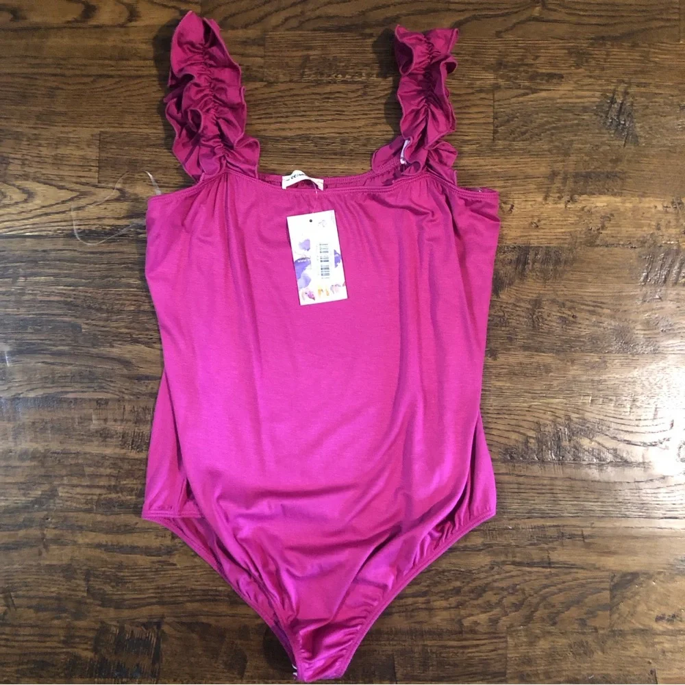 Boutique Ee:some Stretchy Pink Ruffle Bodysuit Size Large New - Picture 1 of 10